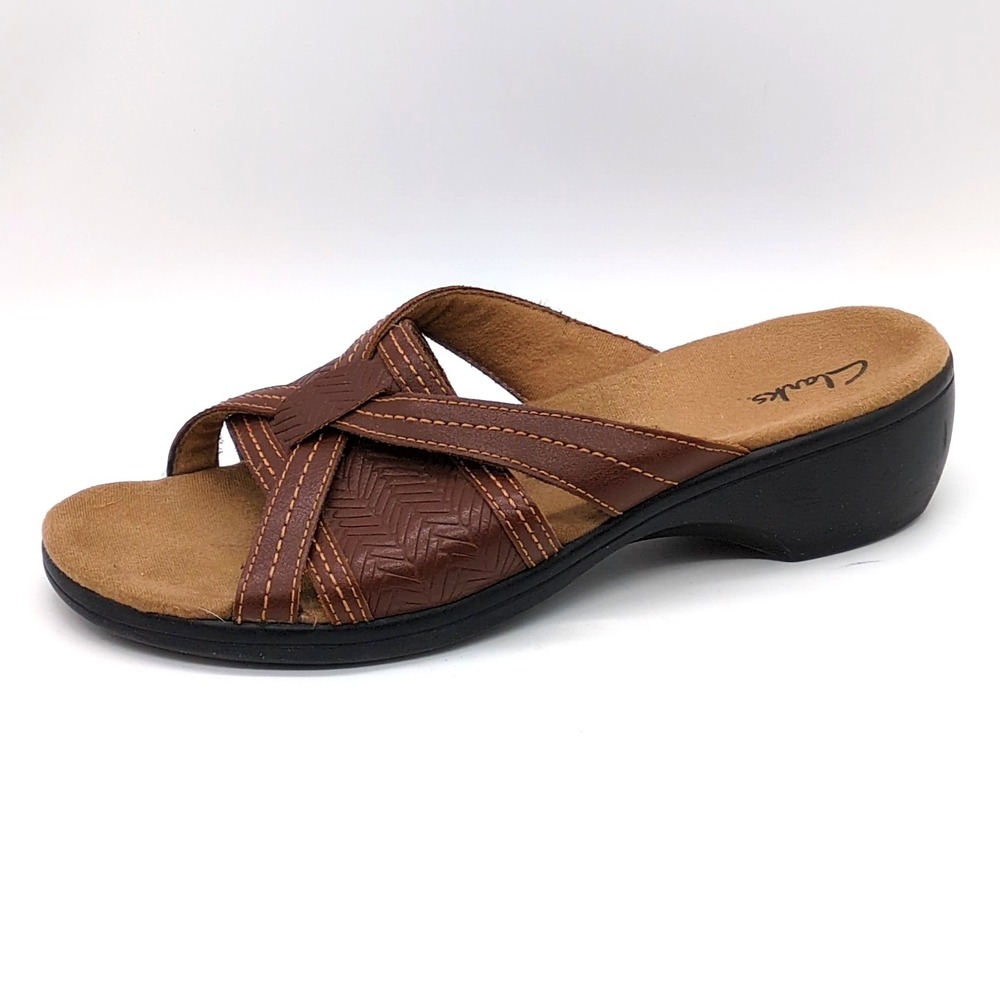 Clarks Shoes Womens Artisan Owl Brown‎ 8 Leather Slide Sandal Comfort 81876